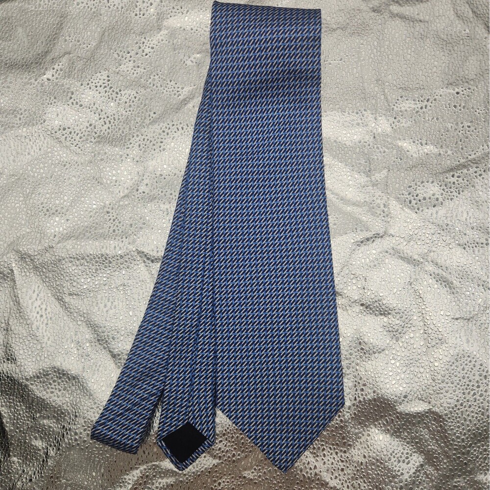Tie RASI 100% Silk Necktie Blue and Silver Crosshatch Geometric Patterned NEW